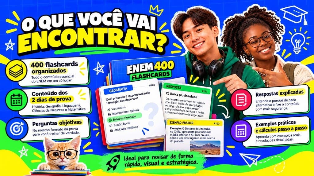 O que você vai encontrar no ENEM Sem Pressão: cards com perguntas, respostas explicadas e exemplos práticos